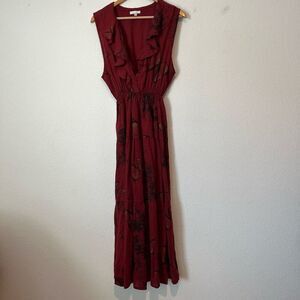 I Love Linen Red Butterfly Ruffled Sleeveless Maxi Dress Women's Size Large